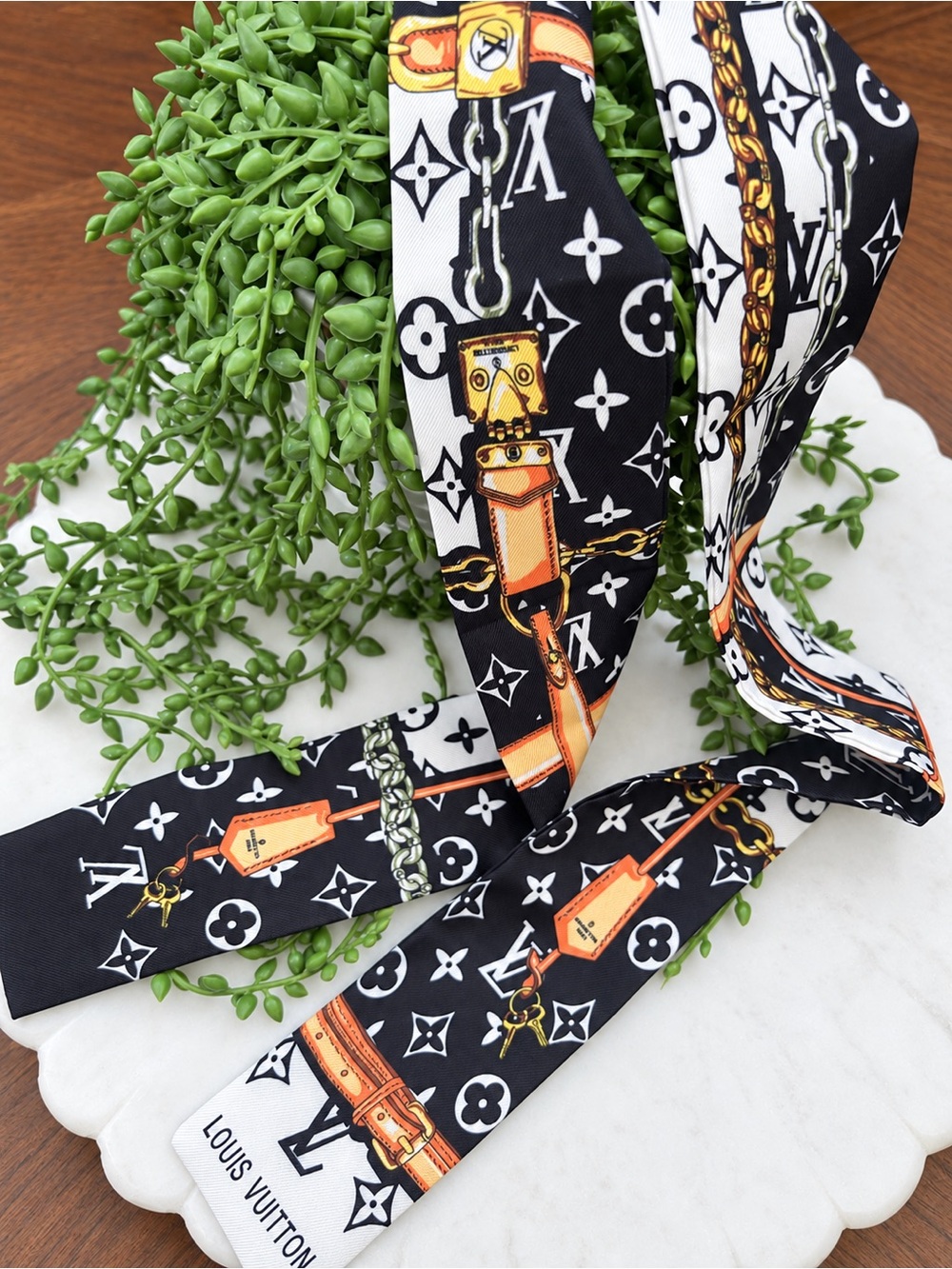 Louis Vuitton Black and White Monogram Silk Twilly with Orange and Gold Accents